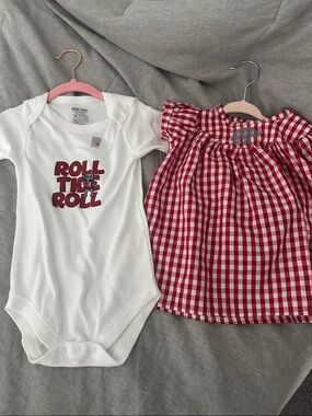 White 'Roll Tide Roll' Onesie & Red Gingham Baby Dress Set